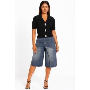 Commense Black Knit Top Short Sleeve Collared Cardigan Button Up Blouse XL/12